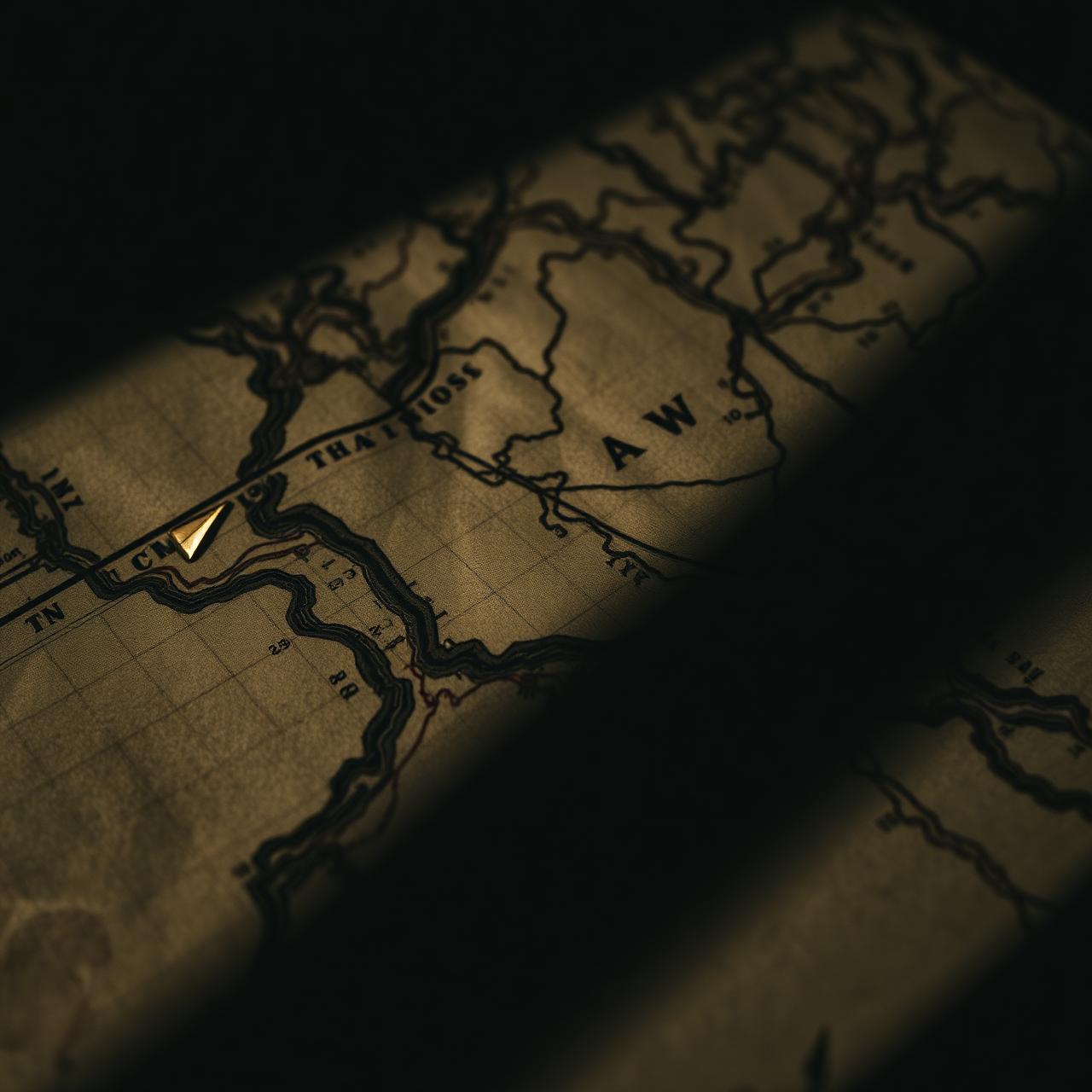 A weathered topographic map lit from one side